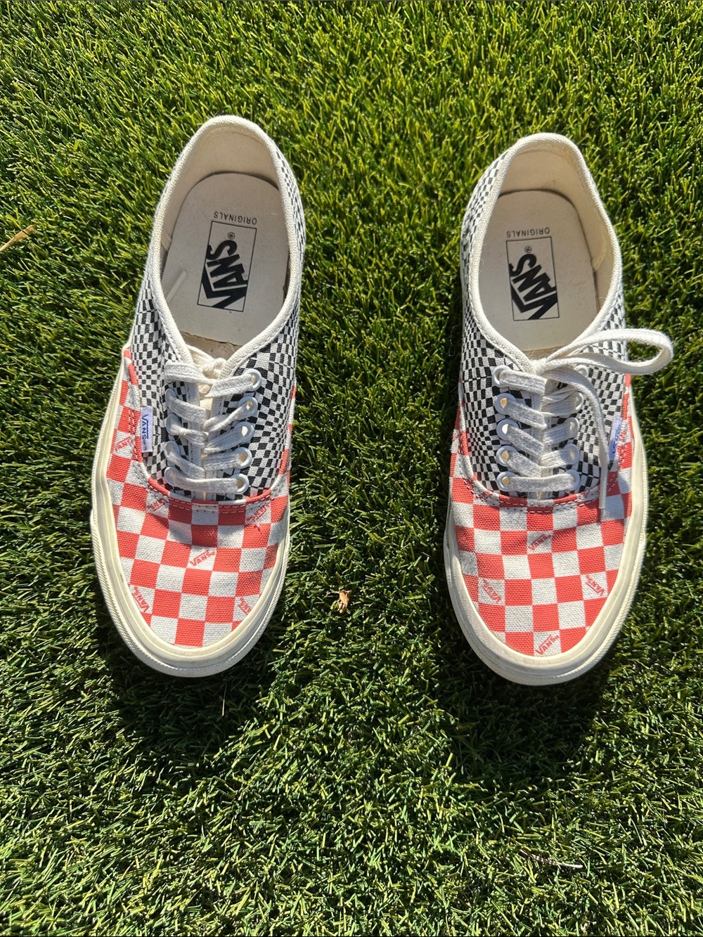 Vans Checkerboard Lace-Up Sneakers in Red, Black & White